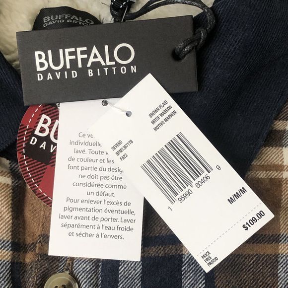 David Bitton Buffalo Brown Plaid Flannel Button Up Shacket Mens Medium Fleece - Picture 9 of 13